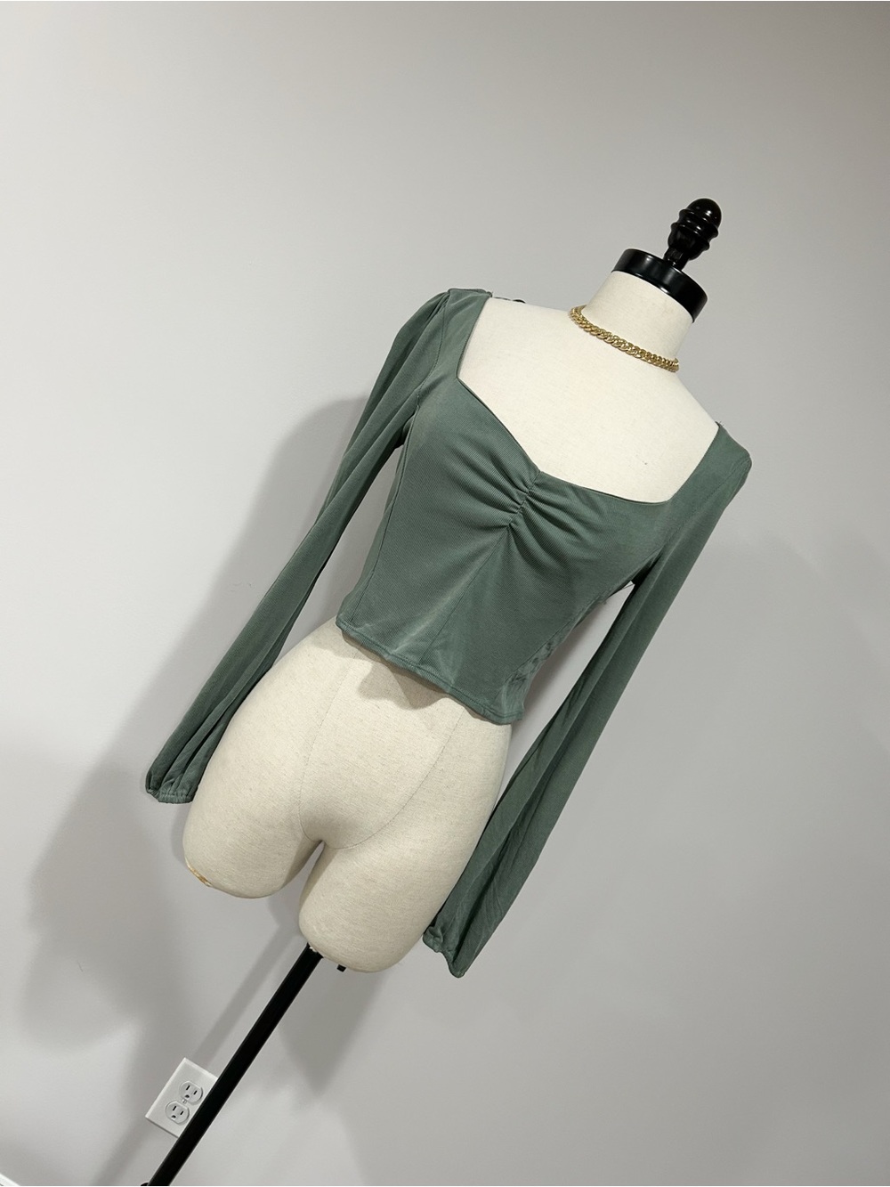 Ruched Square-Neck Cropped Top in Sage Green